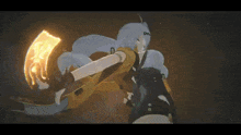 a cartoon character is holding a torch and a sword in her hand .
