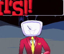 a pixel art of a man with a clock on his head and the words it 's