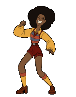 a cartoon character is dancing and smiling while wearing shorts and a yellow shirt .