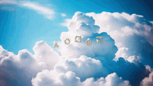 a blue sky with white clouds and a few gold objects floating in the clouds