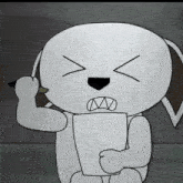 a white cartoon dog is holding a piece of paper and a pen .