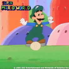 a cartoon of mario jumping in the air with the words super mario world written above him