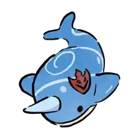 a drawing of a blue dolphin with a red flame on its back