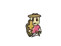 a drawing of a person with a hat holding a cross in their hand
