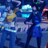 a woman in a blue dress is standing next to a woman in a yellow top