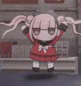 a cartoon girl in a red dress is jumping in the air with her arms in the air