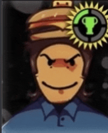 a cartoon character with a hamburger on his head and a trophy on his head .