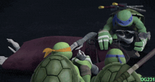 a group of teenage mutant ninja turtles laying on a blanket with the numbers dg231 on the bottom right