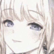 a close up of a anime girl with blonde hair and blue eyes .