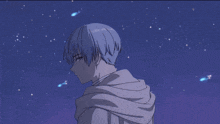 a boy with blue hair looks at the stars in the night sky