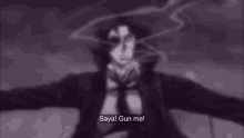 a man in a suit and tie is flying through the air with his arms outstretched and says `` saya ! gun me ! ''