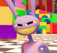 a purple cartoon rabbit with a yellow smile on his face