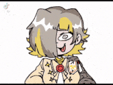a cartoon of a girl with a badge on her chest that says ' x ' on it