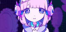 a cartoon girl with pink hair and headphones on her ears