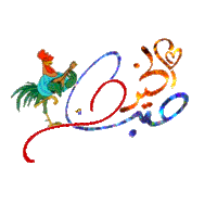 a colorful drawing of a rooster holding a heart and the letter b