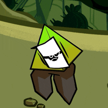 a cartoon drawing of a green triangle with a white face
