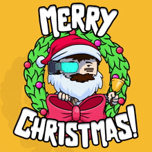 a cartoon of santa claus with a wreath around his head and the words merry christmas