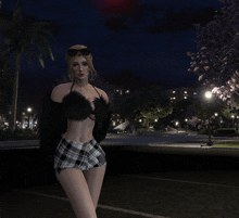 a woman in plaid shorts is standing in a dark park