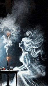a picture of a woman with smoke coming out of her hair and a candle on a table