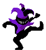 a pixel art drawing of a purple bird with black wings and a black hat on a white background .