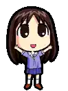 a pixel art of a girl with long brown hair wearing a blue skirt and a blue shirt .