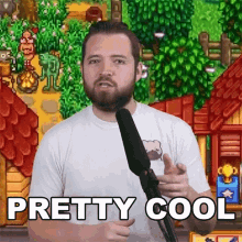 a man with a beard is standing in front of a microphone and says pretty cool .