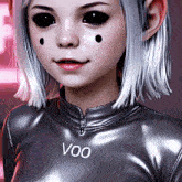 a girl with white hair and black eyes is wearing a black outfit with the word voo on it