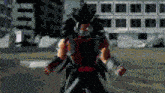 a pixelated image of a man in a samurai costume standing in front of a building .