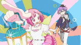 a girl with pink hair and a boy with purple hair are holding hands