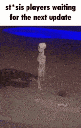 a skeleton is standing in front of a blue light while waiting for the next update