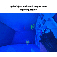 a screenshot of a video game that says " ay let 's just wait until they 're done fighting "