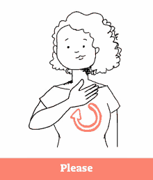 a black and white drawing of a woman with her hand on her chest and the word please above her