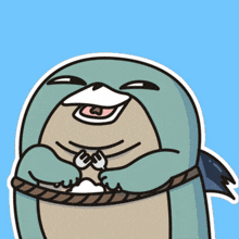 a cartoon drawing of a seal holding a rope with its mouth open