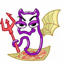 a cartoon drawing of a devil holding a trident and a piece of paper