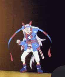 a girl in a blue jacket and white pants is holding a sword