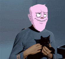 a cartoon character with a pink face is holding a cat