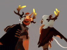 a couple of cartoon characters are standing next to each other with antlers on their heads .