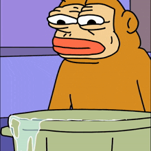a cartoon of a monkey sitting in front of a bucket of liquid