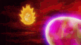a painting of a purple sphere and a yellow fireball in the background