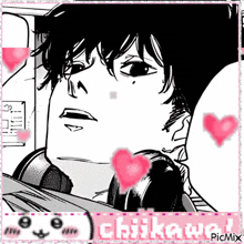 a black and white drawing of a man surrounded by pink hearts with the name chikawa on the bottom