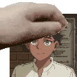 a pixel art of a hand touching the head of a boy .