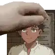 a pixel art of a hand touching the head of a boy .
