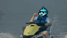 a man wearing a blue life jacket with a pixelated face on his face