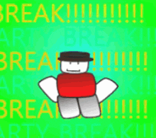 a roblox character wearing a hat and a red shirt is standing in front of a blue background that says party