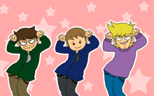 three cartoon characters standing next to each other on a pink background with stars