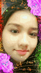 a girl 's face is surrounded by music notes and flowers