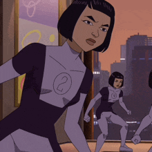 a woman in a purple and white superhero costume has the number 2 on her chest