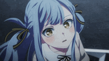 a girl with blue hair and brown eyes is looking up