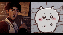 a drawing of a man next to a drawing of a hamster with the letters c on its face