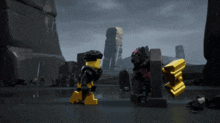 two lego figures are standing next to each other in a scene